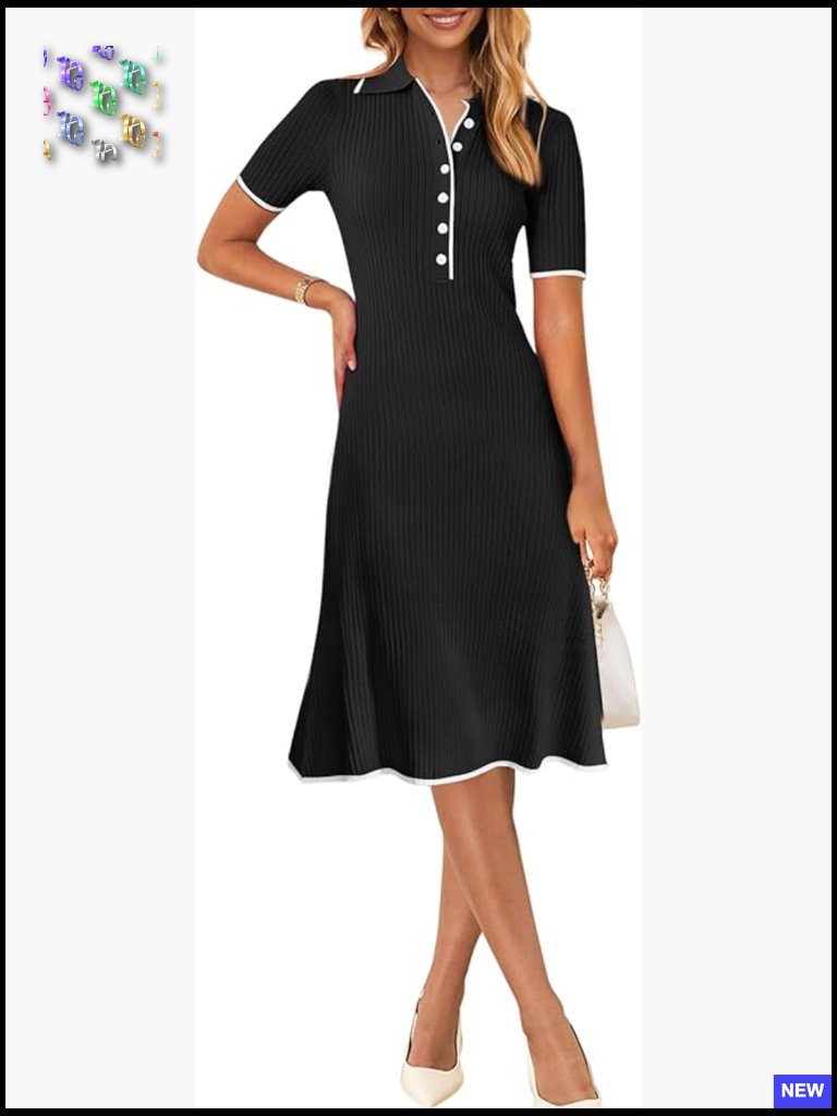 Women's V-Neck Ribbed Midi Dress Short Sleeve Button Bodycon Sweater Knit Work
